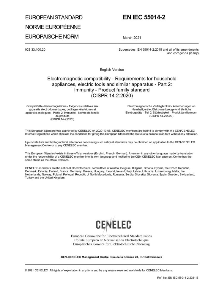EN IEC 55014-2:2021家用電器、電動工具和類似器具的電磁兼容要求第2 部分:抗擾度